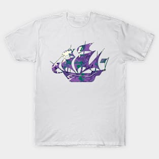 Galaxy Shores Cosmic Liquid Art Sailing Ship Silhouette T-Shirt